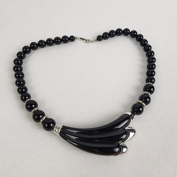 Vintage 80s Black Beaded Statement Necklace - Picture 2 of 6